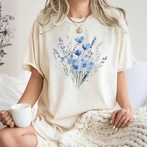 Blue Wildflower Bouquet Watercolor Graphic T-Shirt, Cotton Comfort Tee, Floral Boho Fashion Outfit, Cute Botanical Oversized Tee, Ideal Spring Gift for Her, Nature Lover Present