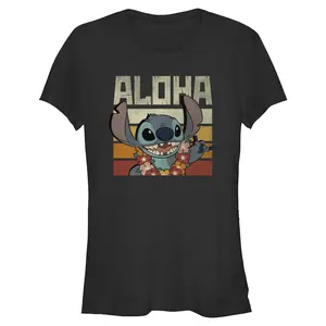 Juniors Womens Lilo & Stitch Aloha Distressed Stitch T Shirt