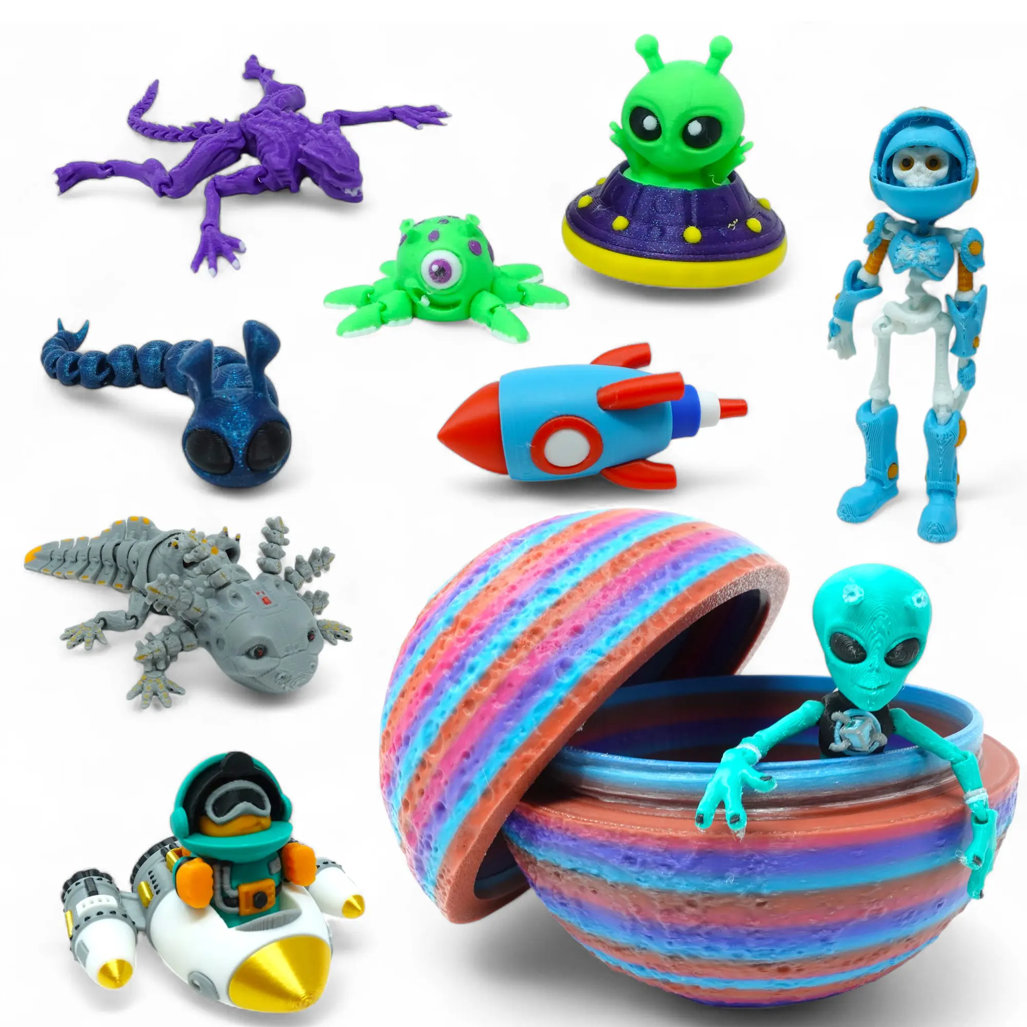 Articulated Alien Figurine Collection – 10 Detailed 3D Printed Sci-Fi Figures with Planetary Egg Storage, Fully Posable Display Models, Collector Gift Set for Space, Fantasy, and Galactic Enthusiasts