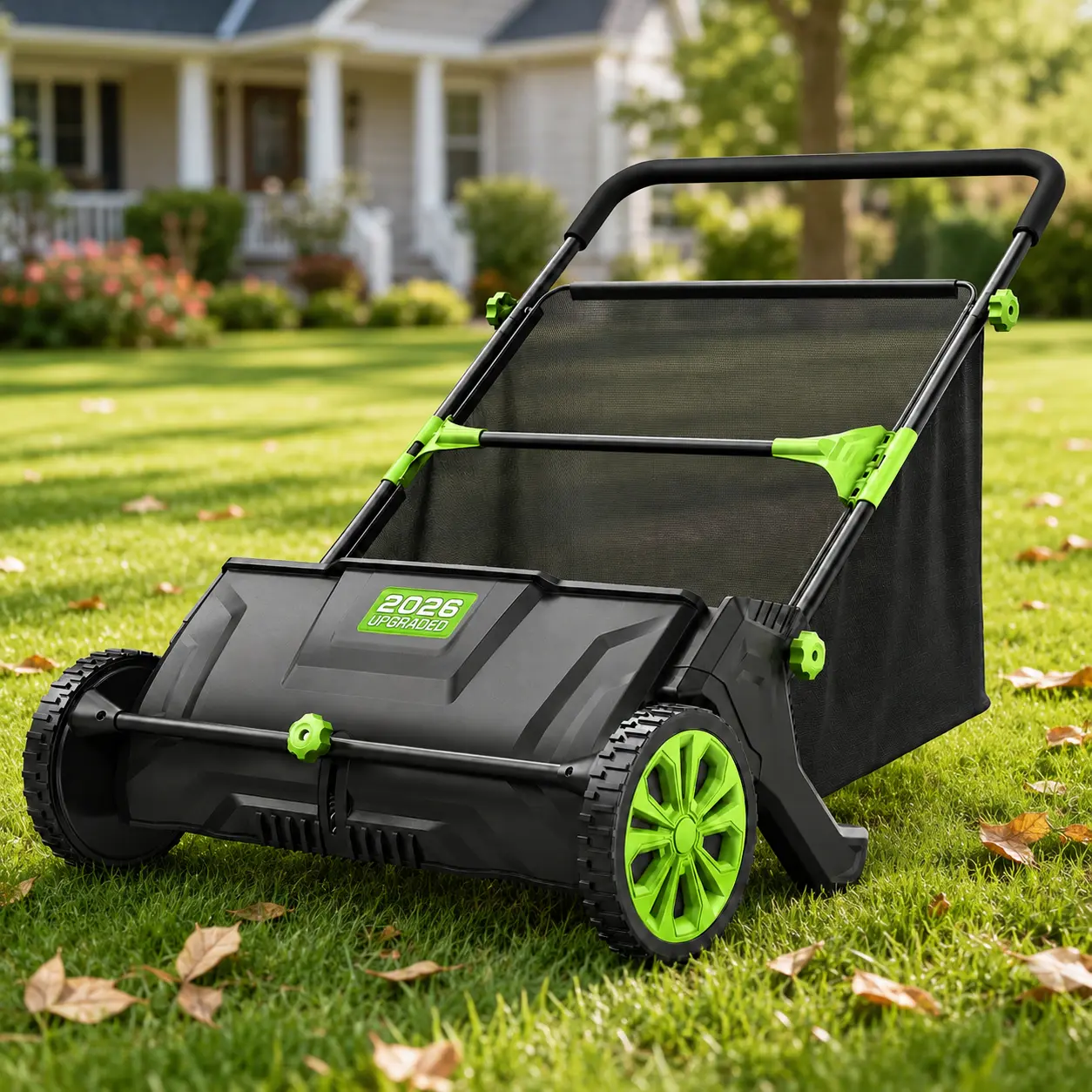 Manual Push Lawn Sweeper (21/26 in) - Wheel-Drive Leaf Collector Sweeper with Spinning Brushes, Adjustable Brush Height, Strong Rubber Wheels, Large Detachable Non-Woven Mesh Hopper Bag for Leaf Pickup
