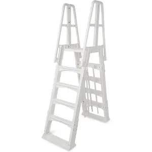 SLA A-Frame 48 to 56 Inch Adjustable Above Ground Swimming Pool Ladder Entry System with Slide Lock Barrier and Handrails, White