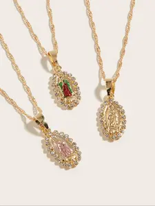 1pc Women's 14K Virgin Mary Mama Our Lady Guadalupe Pendant Necklace, 1.2mm Wave Chain, Unisex Jewelry, 18 Inch, Perfect Religious Gift