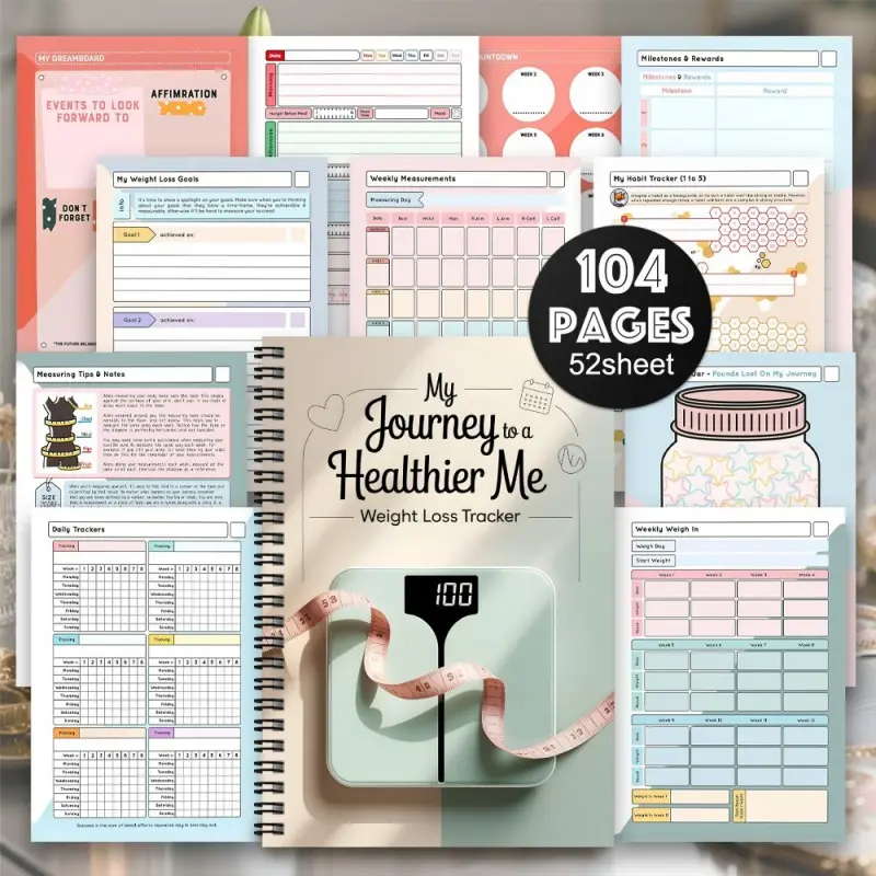 1 set of weight loss diary and planner, Pages - without date-based diet and fitness trackers, featuring progress charts, meal plans, exercise logs, weight tracking scale design, suitable for women and men, compact daily health organizer, Wellness