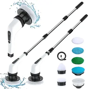 Electric Spin Scrubber with Long Handle, Cordless Power Cleaning Brush with 8 Replaceable Heads, 2-Speed Shower Scrubber for Bathroom, Tile, Floor & Tub