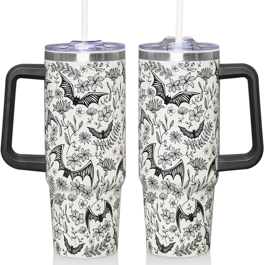30oz Insulated Stainless Steel Halloween Coffee Tumbler - Narrow, Leak-Proof, Gothic Bat Printed Reusable Portable Water Bottle, Kitchenware Drinkware with Handle, Built-In Straw, Sliding Closure Lid, Double Wall, Indoor-Outdoor Mug, Witchy Gift for Women