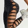 Women's Leopard Print Yoga Pants, Sexy Hollow Out Tight Fit Casual Sports Capris, High Waist Butt Lifting Tummy Control Long Pants, Waistband Shaping Leggings