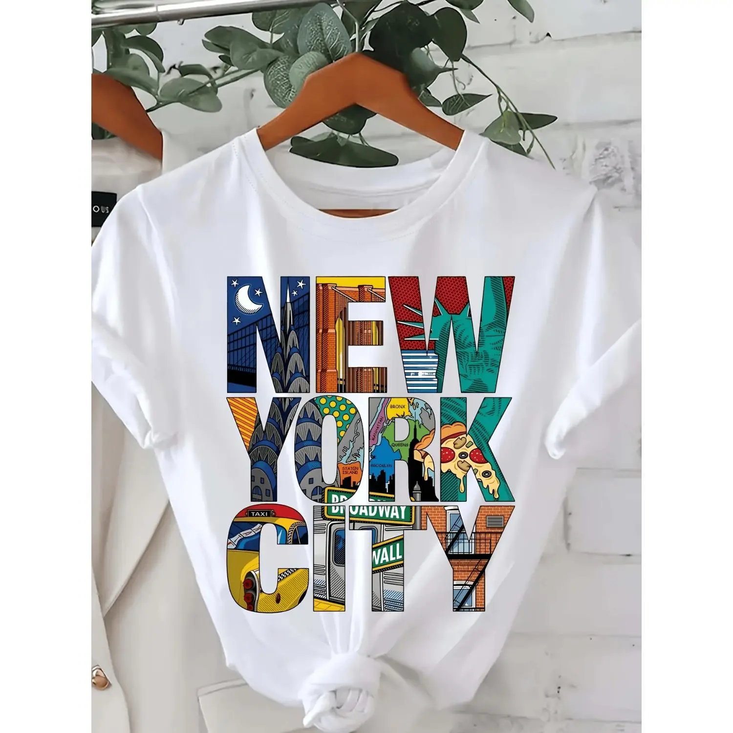 Women's Light Colored Fitted Crew Neck Short Sleeve Streetwear Tshirt - Casual Everyday Basics Top with NYC Graphic Skyline, Geometric Map Print, Machine Washable Urban Navigation Tee