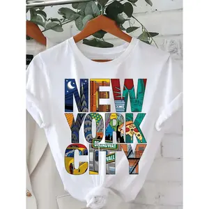 Women's Fitted Short Sleeve T-Shirt - Casual Round Neck Streetwear Top with NYC Skyline, Geometric Map Print, Machine Washable New York City Orienteering Urban Navigation Tee