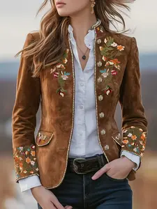 Elegant Stand Collar Floral Embroidered Jacket, Vintage Style Slim Lightweight Outerwear, Perfect for Casual Wear & Special Occasions