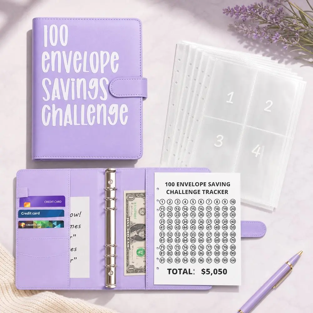 A5 100 Envelope Savings Challenge Portable Light Compact Binder With Fully Transparent Plastic Cash Pouches Savings Data Stat Card Black Pastel Sky Blue Baby Shades purple