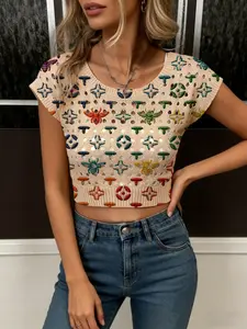 Women's Elegant Multicolor Embroidered Geometric Animal Bee Print Round Neck Short Sleeve Knit Sweater, Casual Breathable Knitted Top