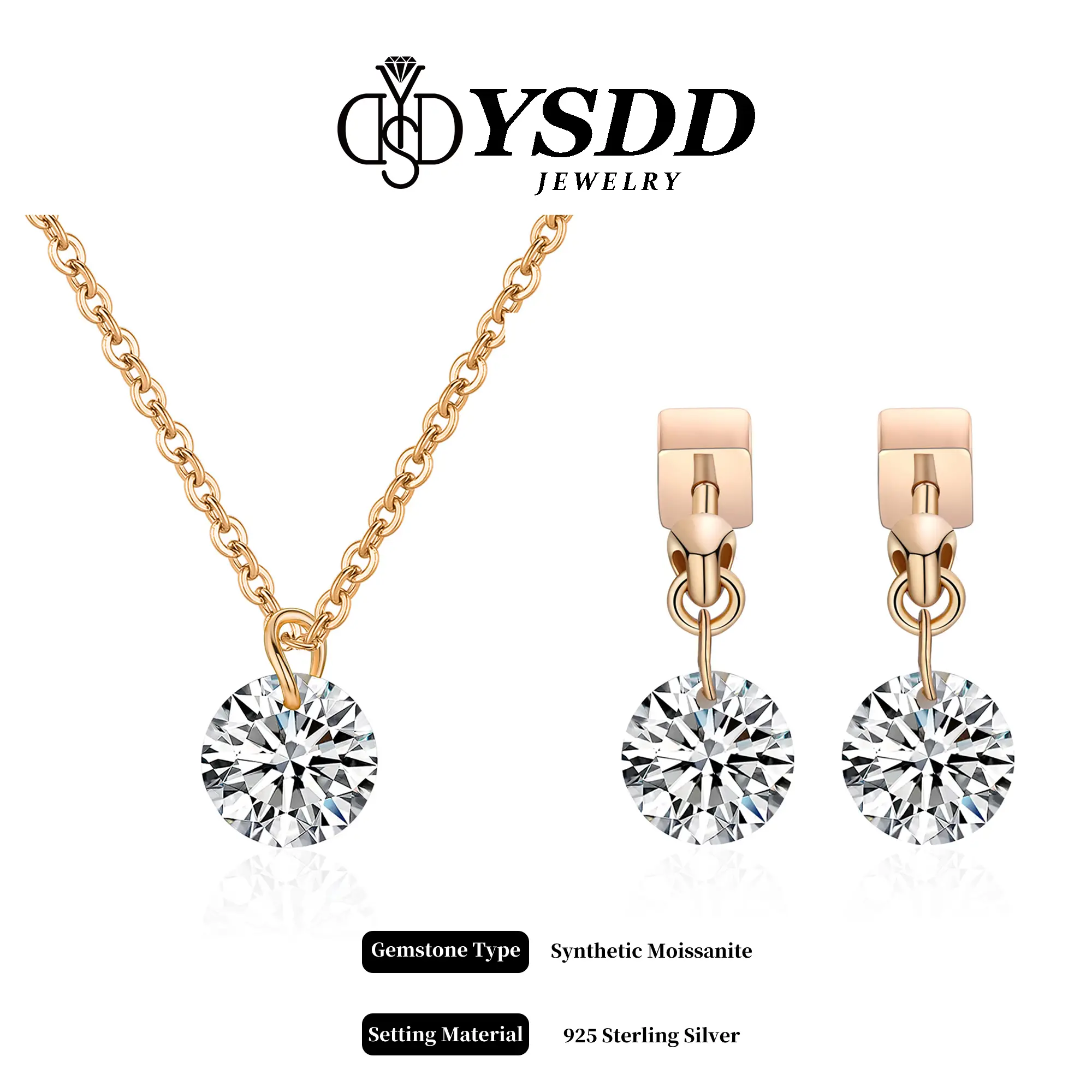 【#297 Screw Back Dangle】Dancing Dangle Stud Synthetic Moissanite Earring &Necklace Jewelry Set in 925 Sterling Silver Rose Gold