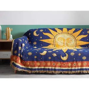 70"x90" Sun and Moon Blanket Celestial Couch Sheet Cover Witchy Hippy Home Decoration, Double Sided Cotton Woven Hippie Throws Wicca Blankets for Couch Bed Recliner Decor - Yellow/Blue