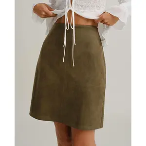 Rihoas Women's High-Waisted Solid Green Suede Straight Mini Skirt - Spandex and Polyester Fabric Bottom with Retro Slit, Synthetic Fabric Skirts
