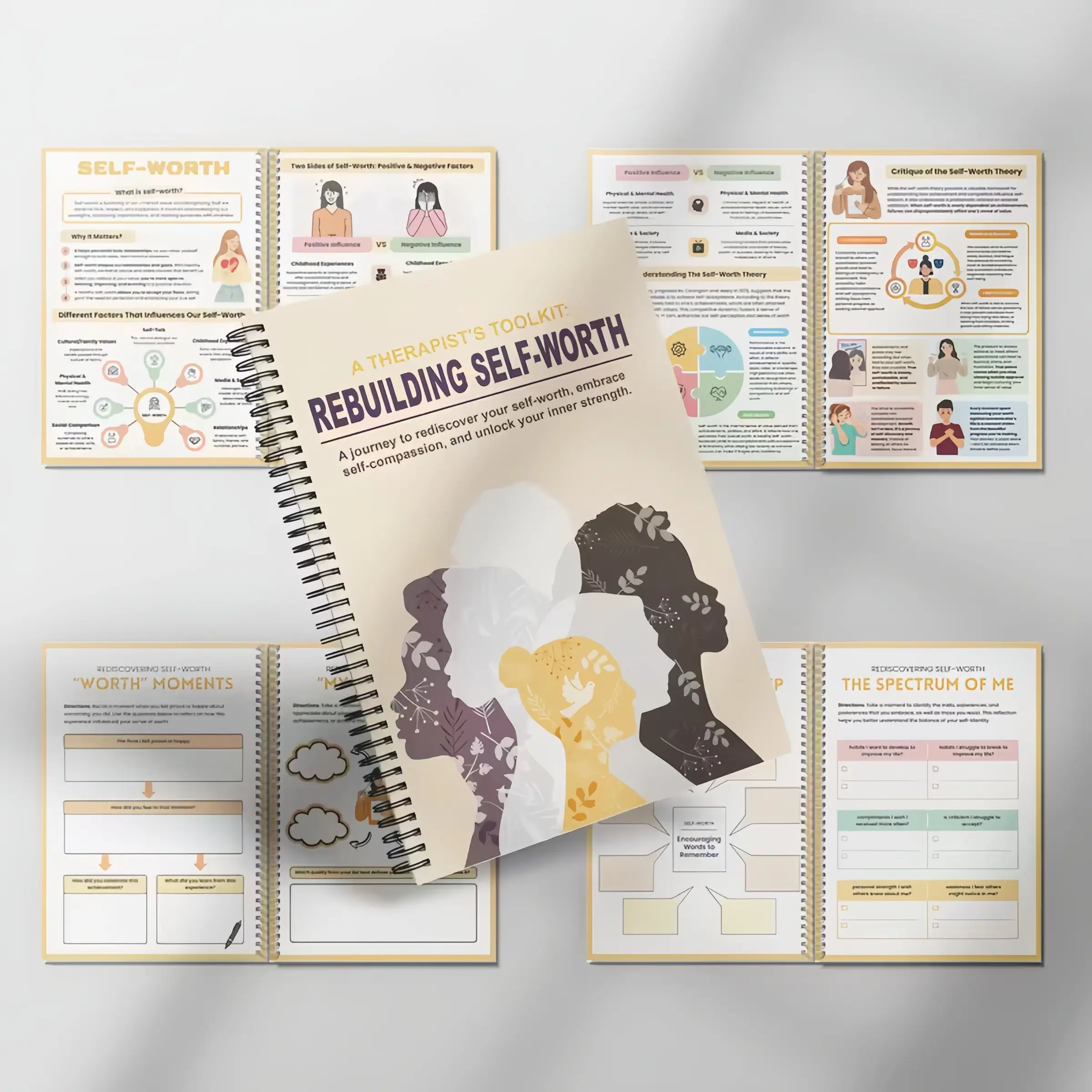 1 Therapist Toolkit Self-worth Workbook, Spiral Bound Planner, Mental Health Worksheets with instructional diary and action plan, contains CBT techniques, mental health printable worksheets to promote growth, suitable for women, adolescents, adu