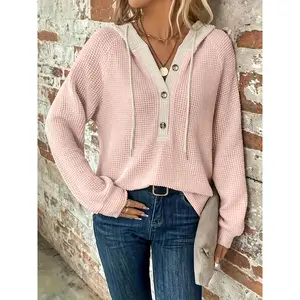 Hoodies for Women Waffle Knit Long Sleeve Drawstring Button V Neck Casual Pullover Sweatshirt Hooded Tops