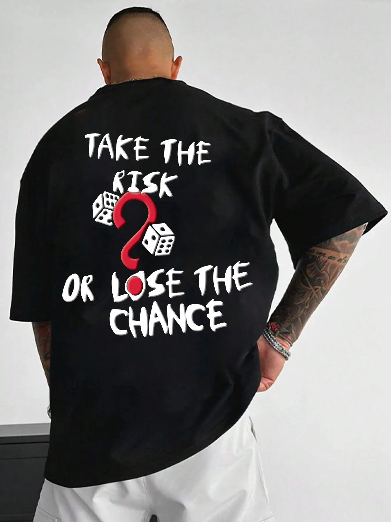 Men's Dice & Slogan Print Drop Shoulder Jersey Elastane Tee, Street Fashion Casual Soft Comfy Letter Print Half Sleeve Round Neck T-shirt for Daily Holiday Outdoor Wear