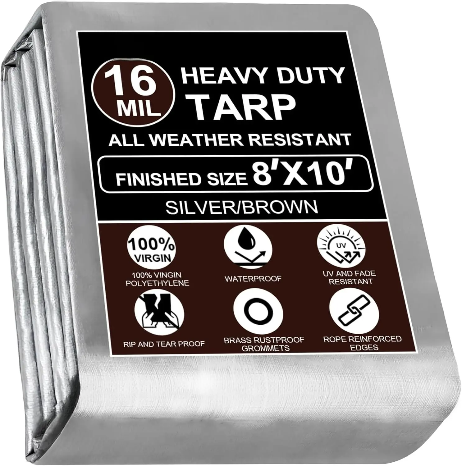 Tarp  8x10 Ft Heavy Duty Tarp Thicker 16 Mil Large Tarps with Brass Grommets and Reinforced Edges, UV&Fade Resistant  Resistant Plastic Tarp for Outdoor Camping Roof Pool Tent