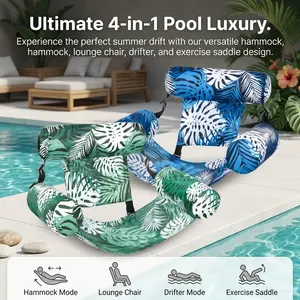 2-Pack Inflatable Pool Lounge Chairs with Free Air Pump for Adults, Comfortable Backrest Float Hammocks, Perfect for Relaxing And Chatting with Friends on Summer Pool Days, Blue & Green Tropical Leaf Print