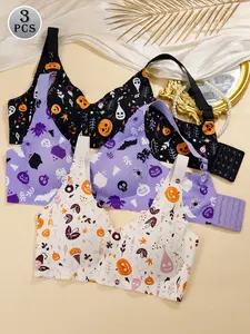 3PCS Women's Seamless Push Up Bra Set with Halloween Print Comfortable Underwear Perfect for Daily Wear & Special Occasions Ideal Gift Wireless Push Up Womenswear summerwins