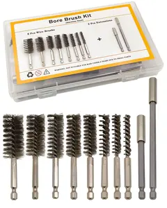 Bore Brush for Drill Kit - 8 Zize 10 count Stainless Steel Wire Brush for Drill (8,10,12,15,17,19,22,25mm) and 2 Extension Rods Hole Brushes for Copper Pipe Cleaner