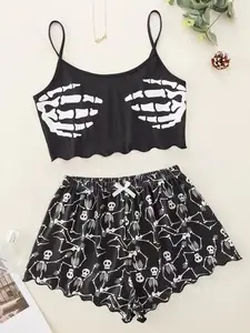 Halloween Pumpkin Print Tank Top & Shorts Pajama Set, Funny Face Women's Sexy Contrast Color Sleepwear, 2 Piece