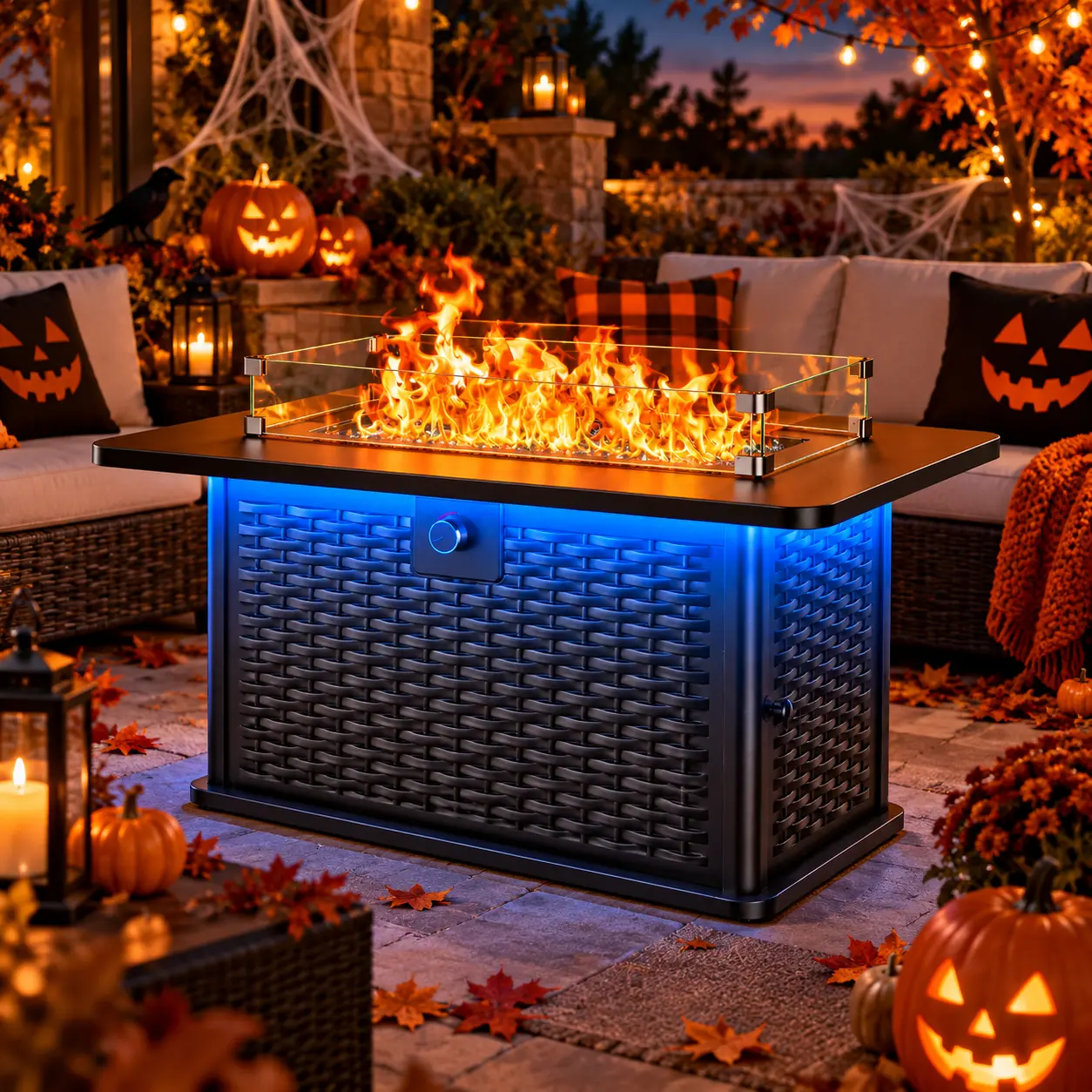 Amada 28-43 Inch Propane Fire Pit Table, 50,000 BTU Outdoor Gas Fire Pit with RGB Lighting Strip, Wind Guard, Adjustable Flame, Black Rectangular Square Fire Pit for Patio, Garden
