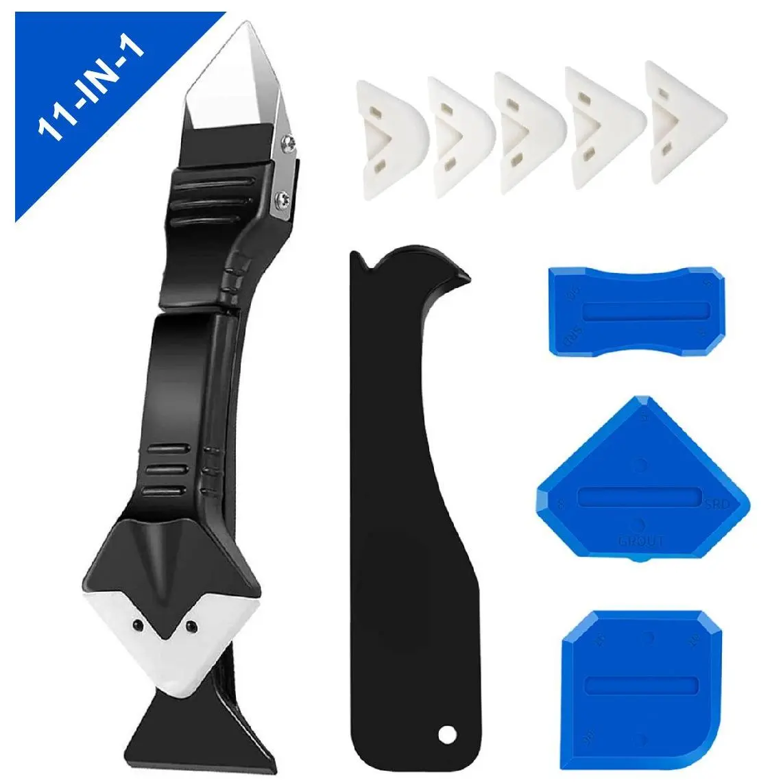 11Pcs Silicone Caulking Tools Set - Wipe-Clean Reusable Design, Multi-Size Interchangeable Silicone Heads, Steel-Plastic 3-in-1 Stainless Steel Grout Remover, Dual-Mode Switch Seam Scraper (3/6/10/13/17mm) for Cleaning, Kitchen, DIY Enthusiasts