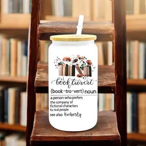 Booktrovert Book Lover 16oz Frosted Glass Cup with Leak Proof Lid and Reusable Glass Straw - Water Bottles Drinkware Mug Tumblers Portable Washable