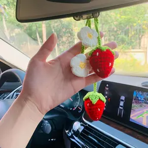 Cute Strawberry Design Car Rear View Mirror Hanging Ornament, Handmade Crochet Car Interior Decoration, Cute Car Decoration Accessories for Women & Girls
