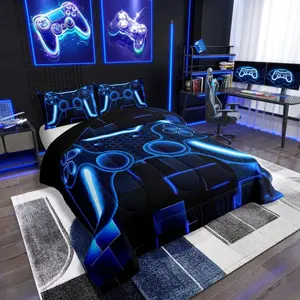 Feelyou Kids Gamer Comforter Set - Soft Breathable Bedding, Blue Neon Geometric Square Grid Pattern Duvet Set for Boys Teens