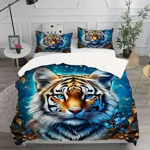 Tiger Pattern Bedding Set (1 Fitted Sheet + 1-2 Pillowcases), Soft Comfortable Sheets, Ideal for Bedroom & Guest Room