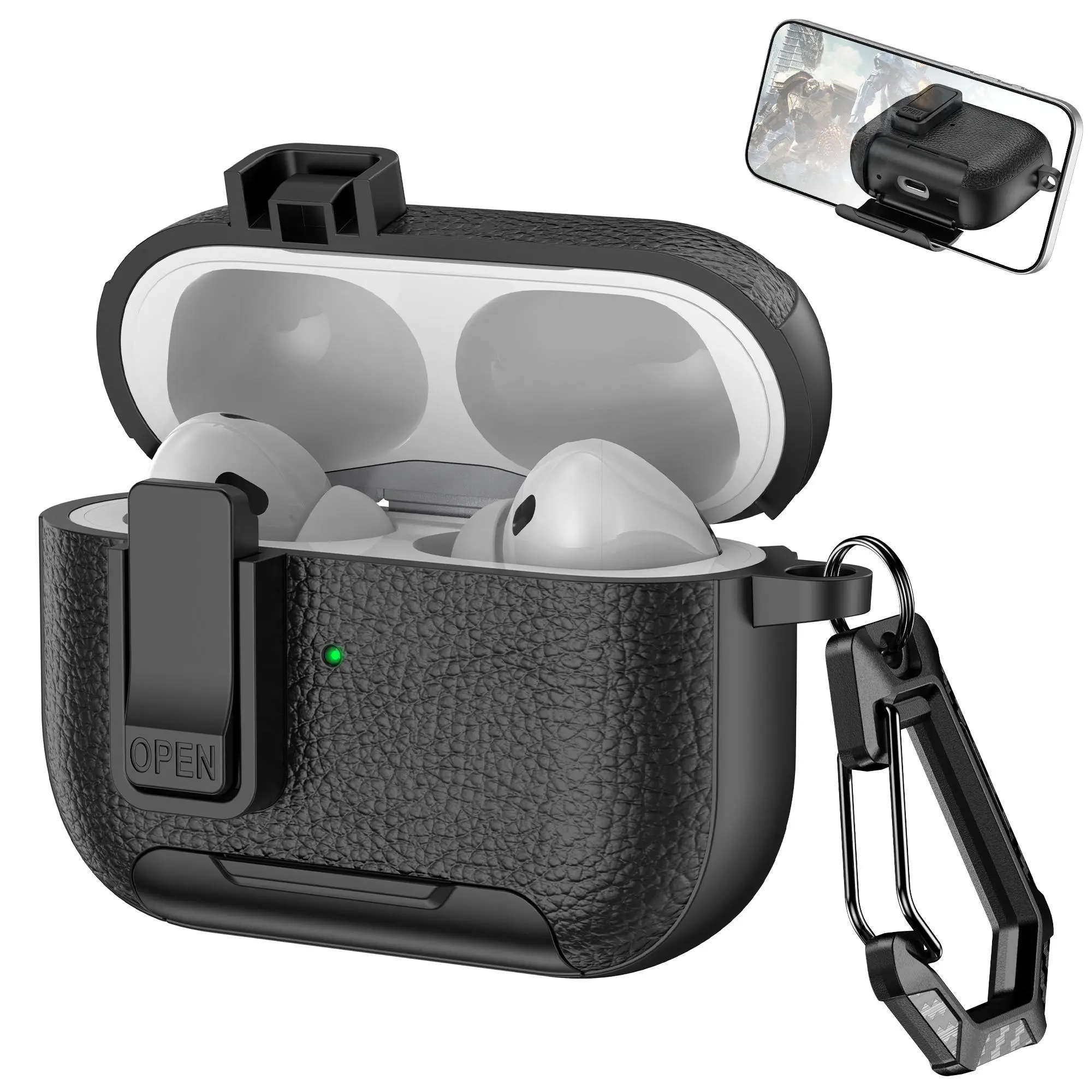 New Leather Pattern Headphone Storage Case for Apple AirPods 4/3/2/1 and Samsung Galaxy Buds3/3pro, Durable with Locking Clips and Stand
