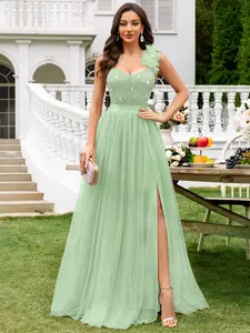 MIUSOL 24450A Deep V-Neck Sequin Lace Contrast Color Floral Mesh Ruffle High Slit Hem Maxi Dress, Elegant Women's Cocktail Party Gown, Formal Evening Dress, Ball Gown, Suitable For Wedding Guest, Graduation Ceremony, Gala Dinner And Other Occasions Spring