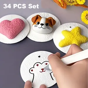 34 or 55 Pcs 3D Round Foam Paper Set with Water Brush & Dropper and 12-Color Markers, DIY Art Supplies for Creative Projects, Ideal Gift for Christmas, School and Office