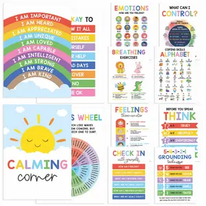 12 Pcs Calming Corner Posters for Classroom - 10x14 Laminated Feelings Wheel Emotions Chart, Kids Emotional Regulation Tools for Preschool Toddlers & Therapy Office Mental Health Decor