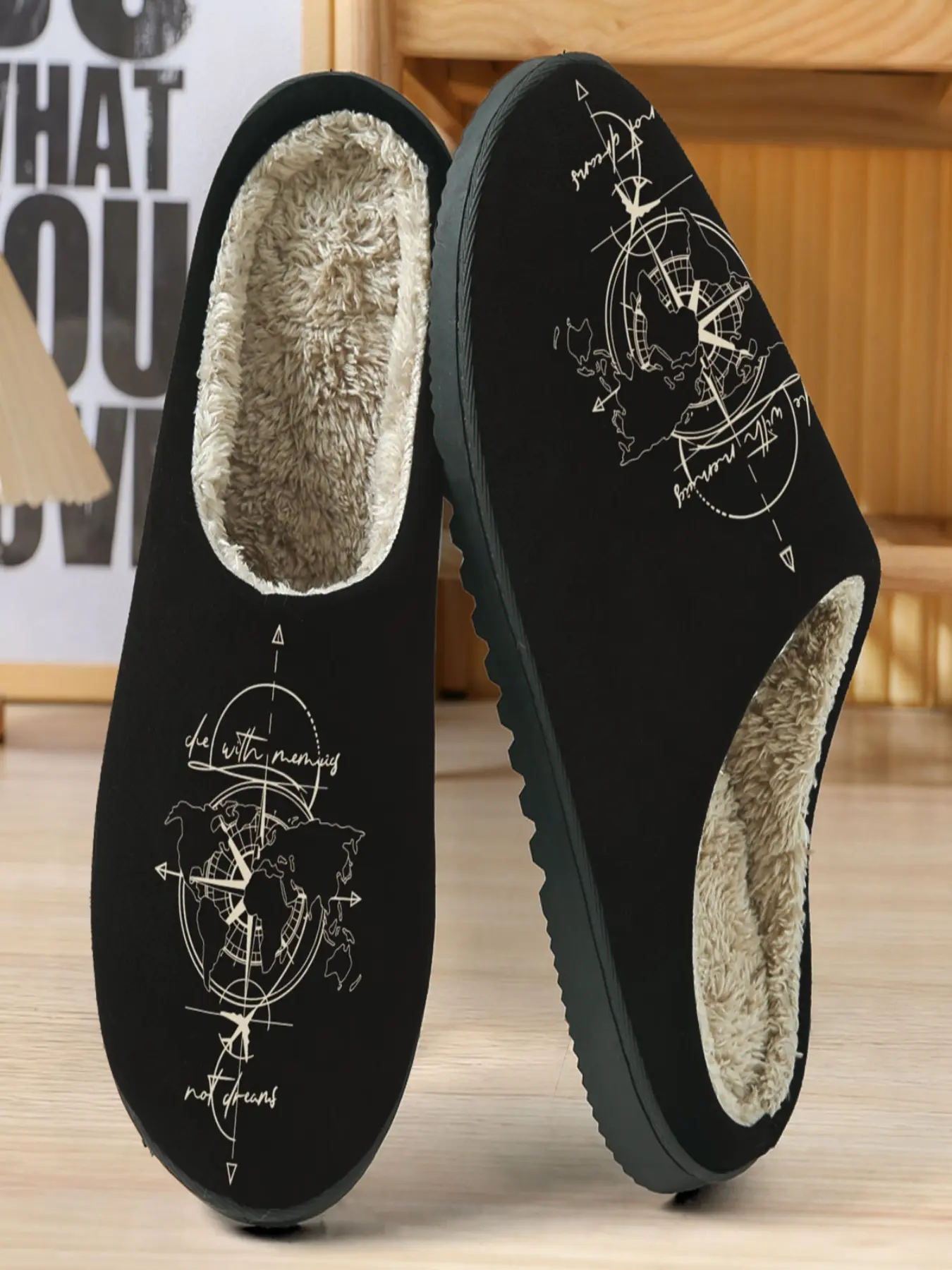 Geographic Exploration Literary Cotton Slippers, Base Light Color Globe Compass Illustration, Warm Fleece Lining, Casual Home Wear