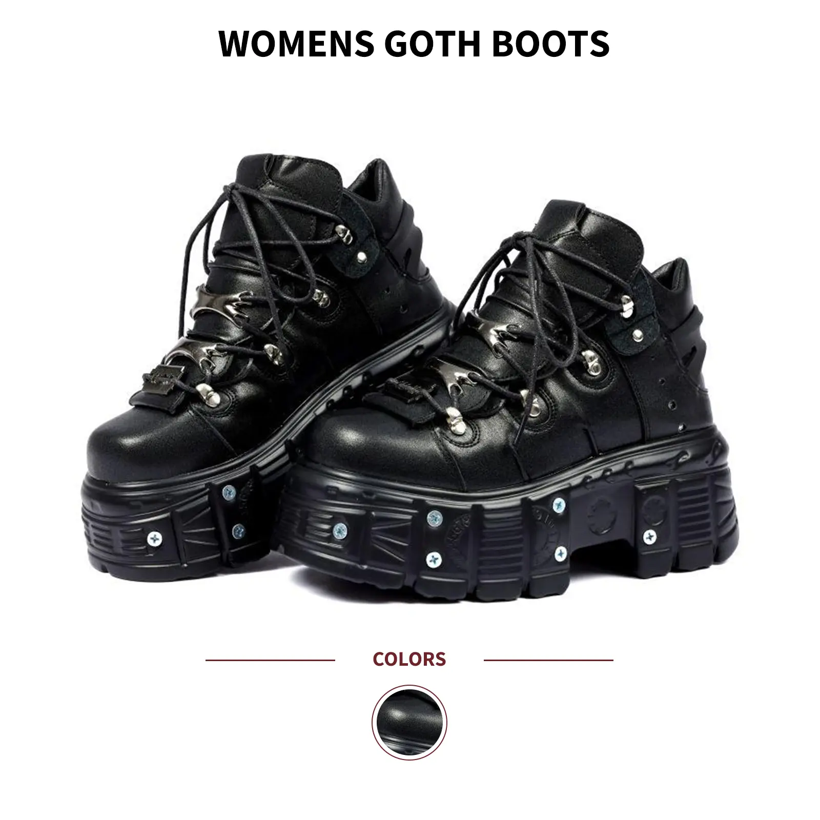 Women Goth Platform Boots Combat Round Toe Chunky Black Heel Lace Up Studs Punk Cyber Y2K Rock Grunge Emo Aesthetic Edgy Fashion Statement Concert Motorcycle Street Style Vacation Photoshoot Clubwear Back To School Shopping Casual Modern Ankle Booties