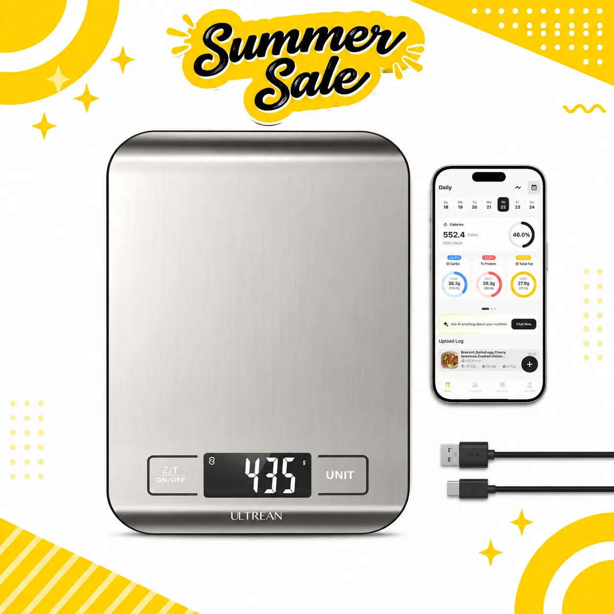 Ultrean Intelligent Electronic Kitchen Scale - Digital Display, 33lb Portable Model with Built-in Nutritional Calculator for Accurate Portion Measurement, Intelligent Kitchen Scales, Kitchen Weight Scale, Multi Function Scale