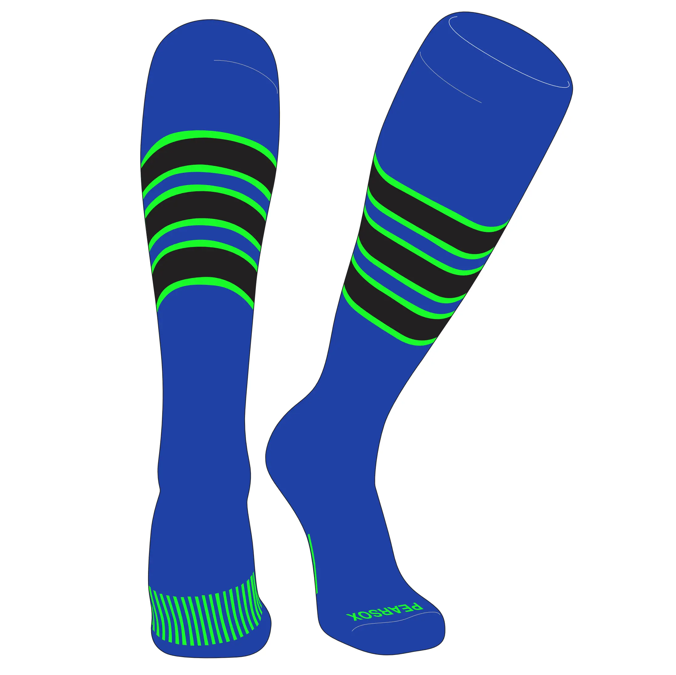 Pear Sox Striped Knee High Baseball, Football Socks (C) Royal, Neon Green, Black