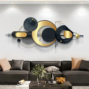 Large Modern Abstract Metal Wall Art - Black & Golden Geometric Circles Wall Sculpture, 59x22 Inch Iron Contemporary Nordic Minimalist Wall Decor for Living Room, Bedroom, Bathroom, Dining Room - Horizontal Indoor Wall Hanging with Easy Installation