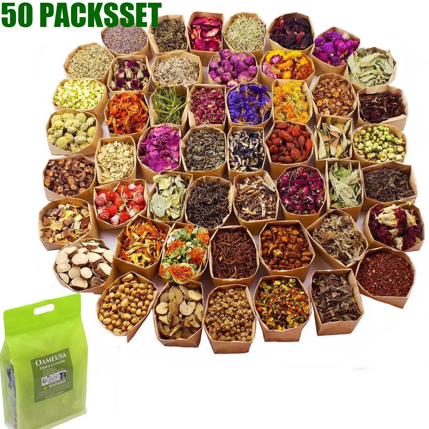 50 Packs Set Dried Flowers,Dried Plants For DIY Aromatherapy Candle Making,Soap Making,Jewelry Making,DIY Handicrafts,Christmas gifts,Mother's Day decorations,Halloween decorations,Forget-me-nots, Jasmine Flowers, Lavender,Chrysanthemums,Roses, Lily,Peony