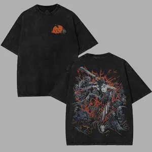 Vintage Chainsaw Man Anime Manga Crewneck Short-Sleeve Cotton T-Shirt, 2-Sided Washed Unisex Menswear Streetwear Top, Soft Distressed Graphic Tee Gift