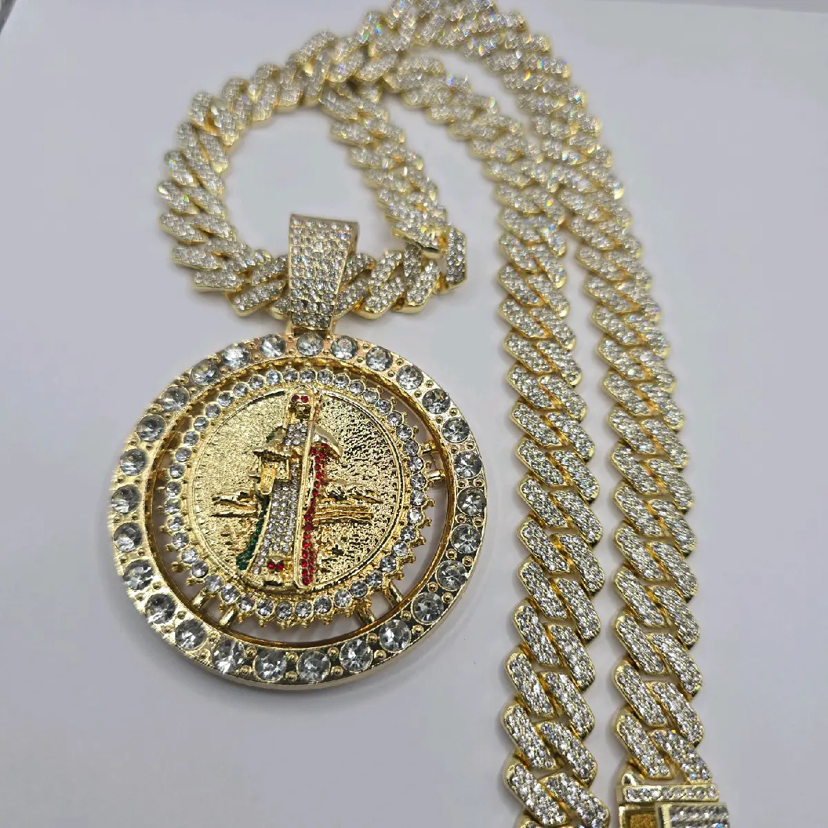 LA SANTA MUERTE/THE GRIM REAPER fashion necklace  clear multi-stones gold-plated rotable pendant