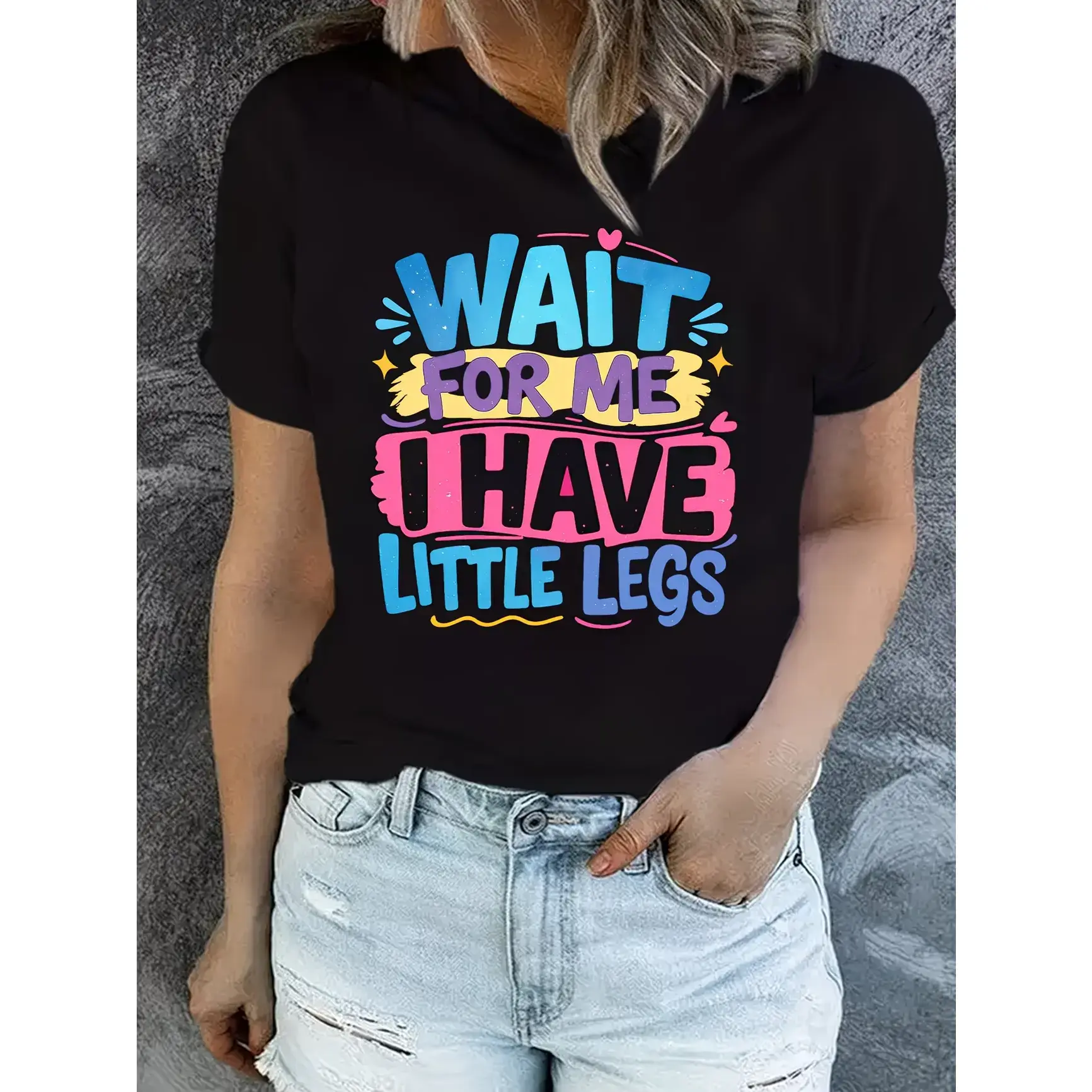 Women's Petite-Friendly Short-Sleeve Crew Neck Graphic T-Shirt - Funny "WAIT for ME, I HAVE LITTLE LEGS" Slogan, Medium Stretch Breathable Cotton Fabric, Everyday Casual Top, Gift for Short Height, Shortsleeve, Comfy Casual, Funny Women's T-Shirts, Humoro