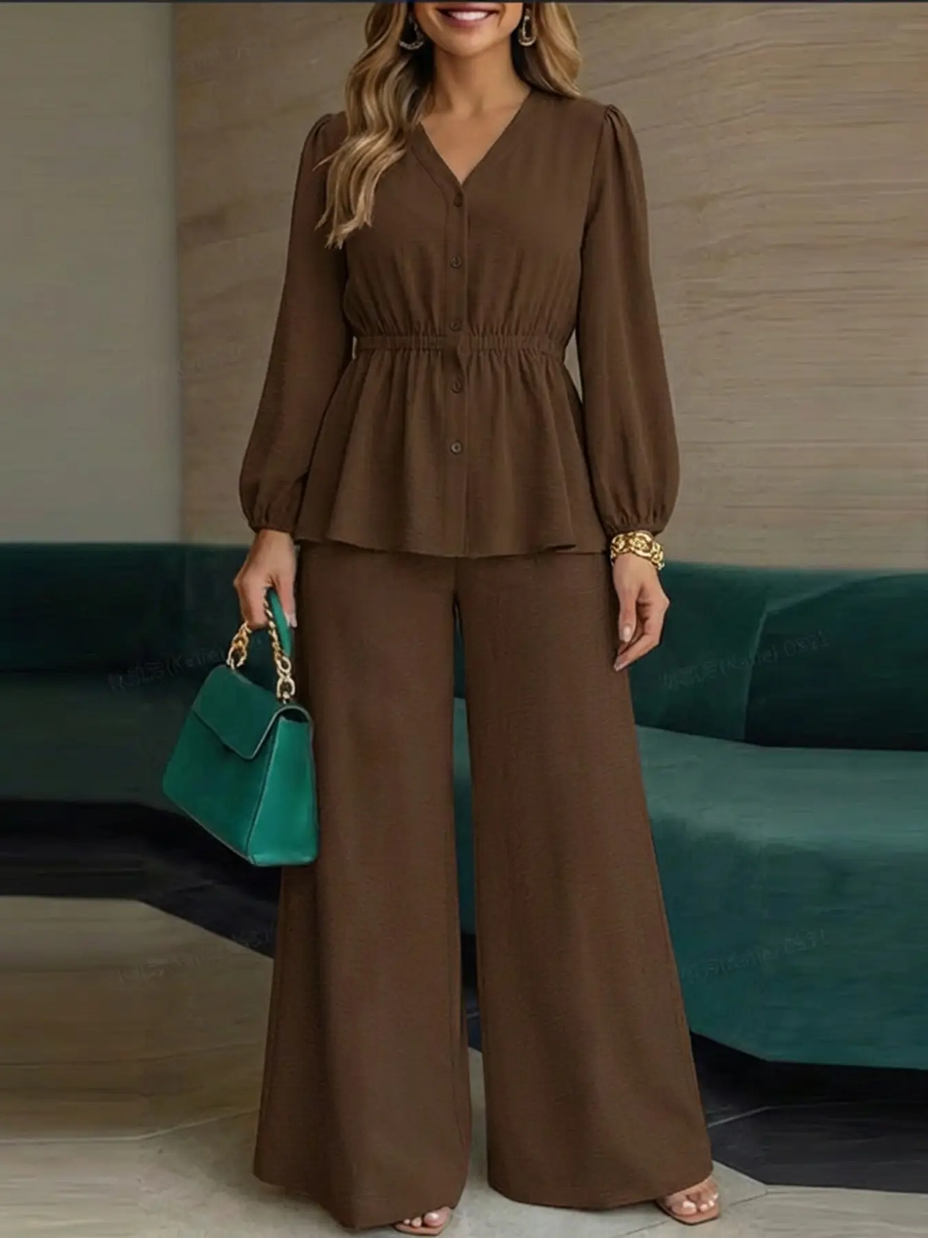 Casual V Neck Long Sleeve Woven Top and Straight Leg Pants Set, Women's Two-Piece Outfit, Comfortable and Stylish, Perfect for Daily Wear