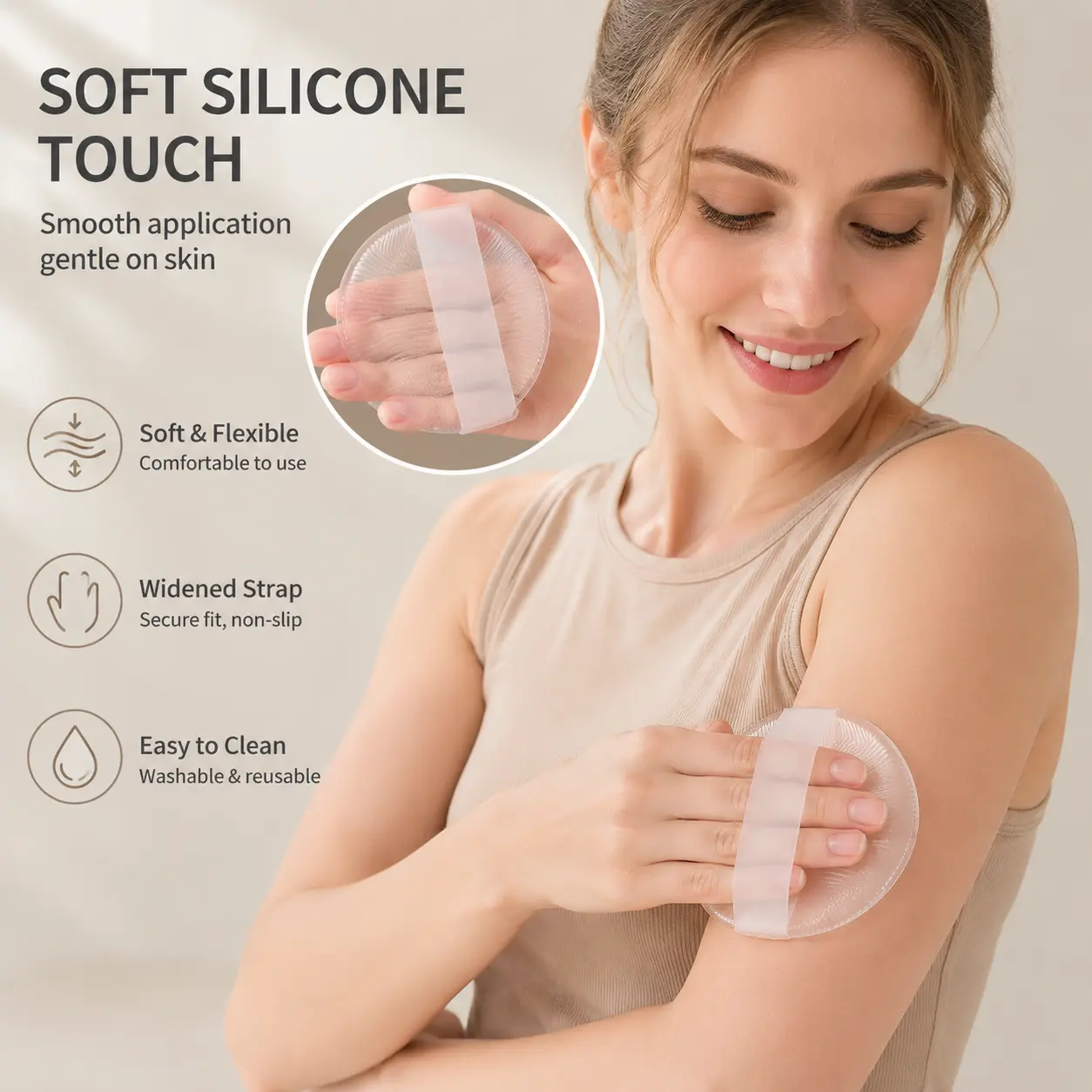 1 Count Transparent Silicone Makeup Puff, Wide Hand Strap Design, Non-absorbent for Cream, Random Color Storage Case Included for Daily Skincare Use