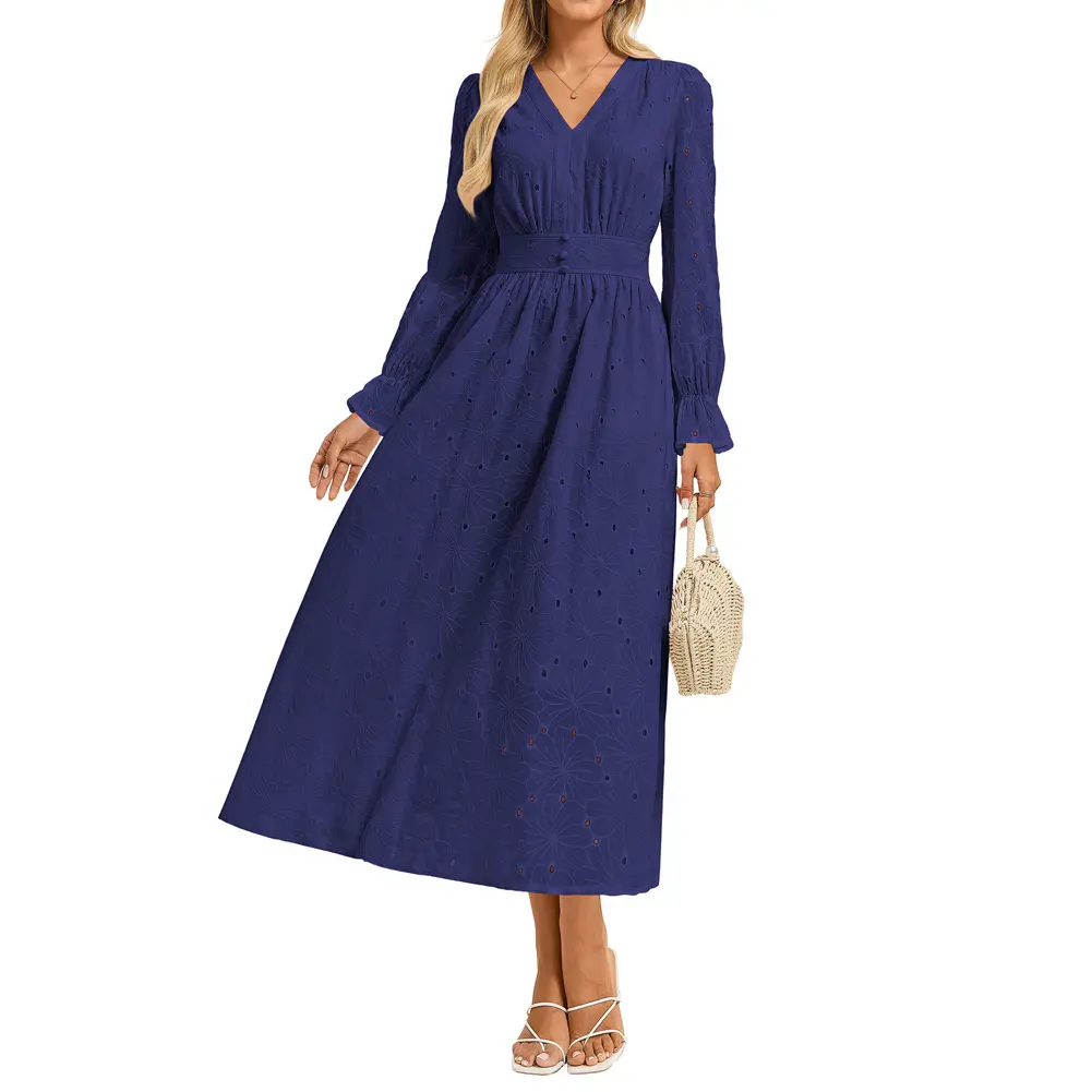 Grace Karin Lady's Casual A-Line Cotton Dress, Women's V-Neck Long Sleeve Ankle Length Clothes with Pockets and Side Zipper, Casual Wear, Above Ankle, Buttons Adorn Front Waist, Hidden Zip At Left Side, Non Stretch