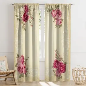 2PCS "Colorful glass butterfly flower border, elegant and retro curtain with artistic eye-catching pole bag installation, semi transparent polyester fiber material"