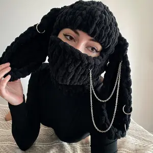 Knitted Plush Face Mask Balaclava for Women, Handmade Thick Yarn Hood with Long Bunny Ears for Winter Warmth and Sweet Cool Style skibalaclava High Altitude Workout Resistance Breathable Ski cat ski mask Tactical Impact UV Protection face motorcycle 2021